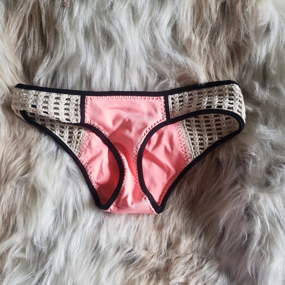 Victoria's Secret Woven Bikini Bottom Coral Pink Black Trim